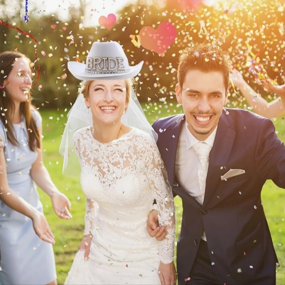 NEW 2 Pack White Bride Cowgirl Hat w/ Veil - Picture 8 of 13